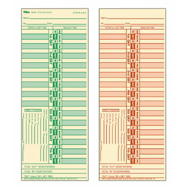 500-Count Bi-Weekly 2-Sided 1275 TOPS Time Cards 3-1/2 x 9 Green/Red Print Manila Numbered Days